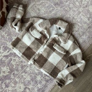 Printed Plaid, Beige, and White Cropped Printed Sherpa Jacket - Size Medium